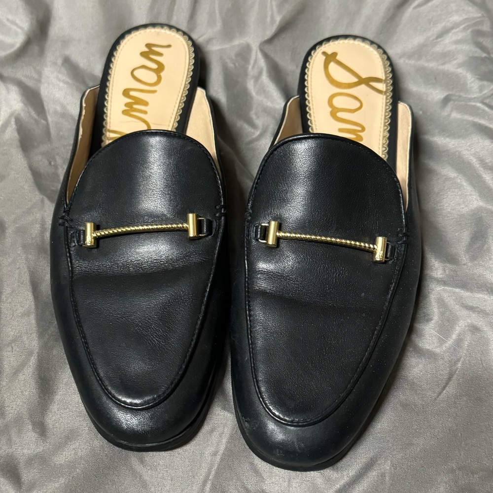 Sam Edelman Black Leather Mule Loafers with Gold Accent